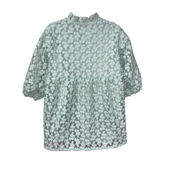 Marc New York Andrew Marc Mint Green Floral Lace Blouse XS Ruffle Collar Sheer P - Picture 3 of 9